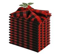 Lot de 12 Serviettes de Table fabriquées à la Main en 100% Coton Doux et Lavable avec Franges pour décoration de Table de Noël, 43,2 x 43,2 cm, Rouge/Noir