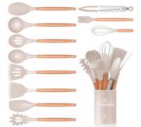 Lot de 12 ustensiles de cuisine en silicone, anti-adhésif, poignée en bois résistante à la chaleur, avec porte-ustensiles, spatules en silicone, passe au lave-vaisselle (kaki)
