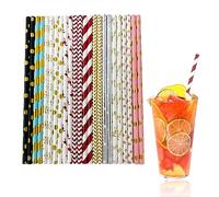 Lot de 120 pailles en papier, jetables, avec tube droit, multicolores, biodégradables, pour fête, avec plusieurs motifs, 12 styles