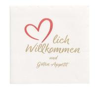 Lot de 125 serviettes en papier 2 couches « Punto » pliage 1/4 20 x 20 cm, blanc « Herzlich Willkommen & Guten Appétit » micro-gaufrées, blanches PAPSTAR