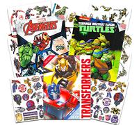 Lot de 125 tatouages temporaires de super-héros pour garçons et enfants - Lot de 125 tatouages sous licence avec autocollants avec Transformers, Marvel Avengers et Tortues Ninja (fournitures de fête)