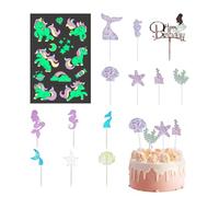 Lot de 13 décorations de gâteau d'anniversaire sirène et 1 autocollant de dessin animé, inserts à paillettes, décorations de fête sur le thème de l'océan, convient pour les arrangements de décoration