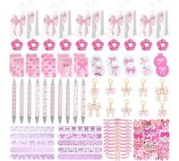 Lot de 135 accessoires de fête avec nœud rose avec stylos, carnets, autocollants, porte-clés, bracelets tressés, bracelets, miroirs, sacs cadeaux, décorations de fête sur le thème du nœud coquette