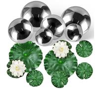 Lot de 14 petites boules flottantes pour mini étang, avec 6 boules de bassin flottantes en acier inoxydable, 2 nénuphars artificiels, 6 feuilles de lotus flottantes pour jardin, étang, décoration de