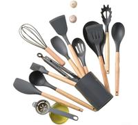 Lot de 14 ustensiles de cuisine en silicone avec poignée en bois - Ergonomiques et antidérapants pour tourner, fouet, pince pour la préparation quotidienne des repas, passe au lave-vaisselle, gris (D)