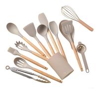 Lot de 14 ustensiles de cuisine en silicone avec poignée en bois - Gadgets de cuisine résistants aux hautes températures - Outils ergonomiques antidérapants pour spatule, fouet et pinces - Rose (C)