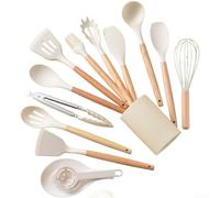 Lot de 14 ustensiles de cuisine en silicone avec poignée en bois massif - Résistant aux hautes températures et antidérapant pour fouet - Noir, blanc, rose, gris, vert (A)