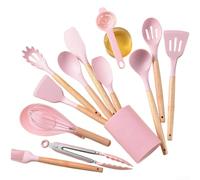 Lot de 14 ustensiles de cuisine en silicone avec poignée en bois, poignée ergonomique, résistant à la chaleur, spatule non abrasive pour cuisine moderne, rose (B)