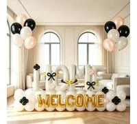 Lot de 147 décorations de pendaison de crémaillère - Bannière de ballons beige « Welcome Home » de 101,6 cm - Ballons dorés, crème et noir métallisé pour pendaison de crémaillère, fête immobilière