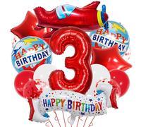 Lot de 15 ballons rouges en forme de chiffre 3 pour décoration de fête d'anniversaire 3e anniversaire Motif avions de dessin animé 3 ballons pour décoration de fête d'anniversaire