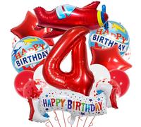 Lot de 15 ballons rouges en forme de chiffre 4 pour décoration de fête d'anniversaire 4e anniversaire Motif avion de dessin animé 4 ballons Fly Four Décoration de fête sur le thème des véhicules
