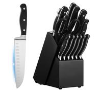 Lot de 15 couteaux de cuisine SucceBuy avec bloc à couteaux (en bois) et fusil à aiguiser, couteaux en acier inoxydable de haute qualité avec manche robuste, parfaits pour les cuisiniers amateurs et u