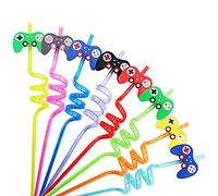Lot de 16 pailles réutilisables en plastique pour jeu vidéo - Fournitures de fête d'anniversaire, de Noël, jaune, orange, bleu, vert, rose, violet