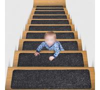 Lot de 16 tapis d'escalier antidérapants de 20,3 x 76,2 cm avec envers en TPE antidérapant pour marches en bois stratifié pour enfants, personnes âgées, animaux domestiques lavables (76 x 20 cm, noir