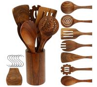 Lot de 16 ustensiles de cuisine en bois de teck avec spatule en bois, fourchette à salade en bois, louche, louche, cuillère à pâtes, cuillère de service, tamis, ustensiles de cuisine en bois