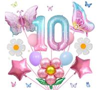 Lot de 17 ballons décoratifs en forme de papillon pour filles, décoration de 10e anniversaire pour filles, ballons en aluminium mylar géant en forme de chiffre 10 ans pour décoration de fête