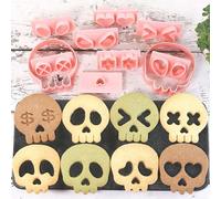Lot de 17 Mini Emporte-Pièces Halloween Tête de Mort, Moules Biscuit 3D en Plastique avec Design Crâne, DIY Cookie Cutter et Tampons à Biscuits pour Pâtisserie, Décorations de Gâteaux Halloween