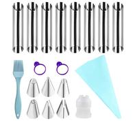 Lot de 17 moules à rouleaux en mousse en acier inoxydable | 8 formes, 6 douilles, 2 anneaux en silicone, 1 pinceau à pâtisserie, pour cannoli, croissants, pâte feuilletée et cornes à crème