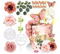 Lot de 19 décorations de gâteau roses avec papillons et fleurs d'eucalyptus artificielles pour fête d'anniversaire, mariage, Saint-Valentin