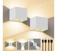 Lot de 2 Applique Murale USB Rechargeable avec Détecteur de Mouvement Blanc | Faisceau Haut et Bas Ajustable, Dimmable Contrôle Tactile, Batterie Lampe Murale Sans Fil LED, Installation Magnétique