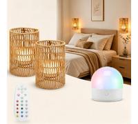 Lot de 2 appliques murales d'intérieur en rotin - Avec batterie - Connexion d'alimentation - RVB - Intensité variable - Avec télécommande - 3 modes de planification - Lampe de chevet en rotin - Pour