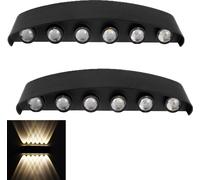 Lot de 2 appliques murales d'intérieur et d'extérieur « Up Down » en aluminium, spots muraux modernes orientables vers le haut et vers le bas, 12 W, IP65, pour couloir et jardin, noir, blanc chaud
