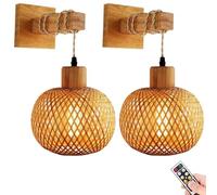 Lot de 2 appliques murales sans fil à piles avec télécommande pour salon, chambre à coucher, couloir, ferme, lanterne en rotin de bambou, décoration d'intérieur