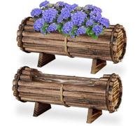 Lot de 2 bacs à plantes en bois de pin HBD : 18 x 40 x 14 cm résistants aux intempéries pour l'intérieur et l'extérieur avec film plastique marron Relaxdays