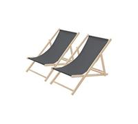 ECD Germany Lot de 2 Chaises Longues Pliantes en Bois Chiliennes, Anthracite, Dossier Réglable, 3 Positions de Couchage, jusqu'à 120kg, Bain de Soleil en Tissu pour la Plage Jardin Terrasse Camping