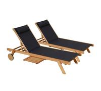 Lot de 2 bains de soleil avec coussin et tablette en bois noir Goa - Oviala