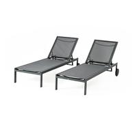 Lot de 2 Bains de Soleil CUBA Gris Foncé Aluminium 215 cm | Dossier inclinable 4 positions, roulettes, tissu synthétique respirant
