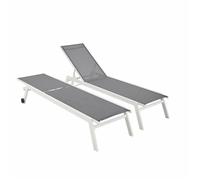 Alice's Garden - Lot de 2 Bains de Soleil Elsa en Aluminium Blanc et textilène Gris. transats Multi Positions avec roulettes