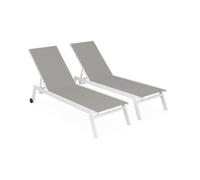 Lot de 2 bains de soleil ELSA en aluminium blanc et textilène taupe. transats multi positions avec roulettes