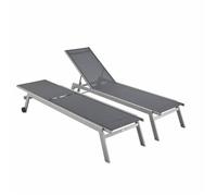 Lot de 2 bains de soleil ELSA en aluminium gris et textilène gris foncé. transats multi positions avec roulettes