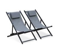 Lot de 2 bains de soleil - Gaia gris - Transat en aluminium gris anthracite et textilene gris avec coussin repose tête. chilienne