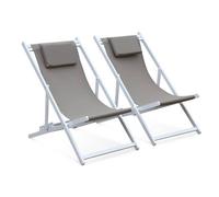 Lot de 2 bains de soleil - Gaia taupe - en aluminium blanc et textilene taupe avec coussin repose tête. chilienne