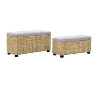 Lot de 2 bancs en jonc gris | Joint naturel, pieds en bois massif, coussins gris 8 cm, 2 tailles différentes