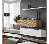 Lot de 2 Bancs Muraux & Étagère "Switch SBII" 130cm Blanc & Naturel Rainuré Blanc G