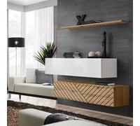 Lot de 2 Bancs Muraux & Étagère "Switch SBII" 130cm Naturel Rainuré & Blanc Beige G