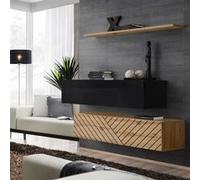 Lot de 2 Bancs Muraux & Étagère "Switch SBII" 130cm Naturel Rainuré & Noir Beige G