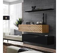 Lot de 2 Bancs Muraux & Étagère "Switch SBII" 130cm Noir & Naturel Rainuré Noir G
