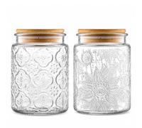 Lot de 2 bocaux vintage en verre hermétiques avec couvercles en bois de bambou pour comptoir de cuisine, garde-manger, café, thé, sucre, joli bocal de 70 ml (bégonia et tournesol)