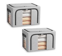 Lot de 2 Boite Rangement Vetement 66L, 50x40x33CM Sac Rangement Vetement Pliable avec Cadre en Métal, Oxford Tissu & Double Fenêtre/Éclair, Sac de Rangement Vetement pour Placard/Sous Lit, Gris