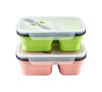 Lot de 2 boîtes à déjeuner pliables en silicone 800 ml avec fourchette | Silicone, microwave & dishwasher safe, folds to 1/3 size, 2 compartments, for ideal for office, travel, camping