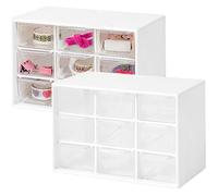 Lot de 2 boîtes de rangement à 9 tiroirs avec séparateurs en plastique transparent. Idéales pour le bureau, les bijoux, les