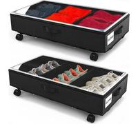 Lot de 2 boîtes de rangement de vêtements avec roulettes - cadre métallique - fenêtre transparente - pliable - boîte de rangement sous le lit pour chaussures - couvertures - jouets - noir