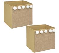 Toilinux - Lot de 2 Boîtes de rangement enfant avec 5 Pompons - L. 29 x l. 29 cm - Marron et Blanc Marron G