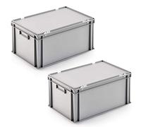 Lot de 2 boîtes Euro avec couvercle à charnière - Dimensions : 600 x 400 x 290 mm - En polypropylène - Qualité alimentaire - Gris