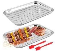 Lot de 2 bols à barbecue réutilisables avec brosse : 34,9 x 24,5 x 2,7 cm - En acier inoxydable - Panier à légumes réutilisable - Accessoire de barbecue pour légumes, poissons ou viandes pour gaz