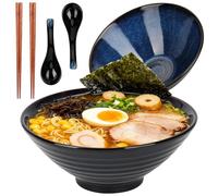 Lot de 2 bols à ramen - 1200 ml - Avec cuillère à ramen et baguettes - En céramique - Pour ramen, pâtes, salade de fruits - Convient pour four à vague, lave-vaisselle
